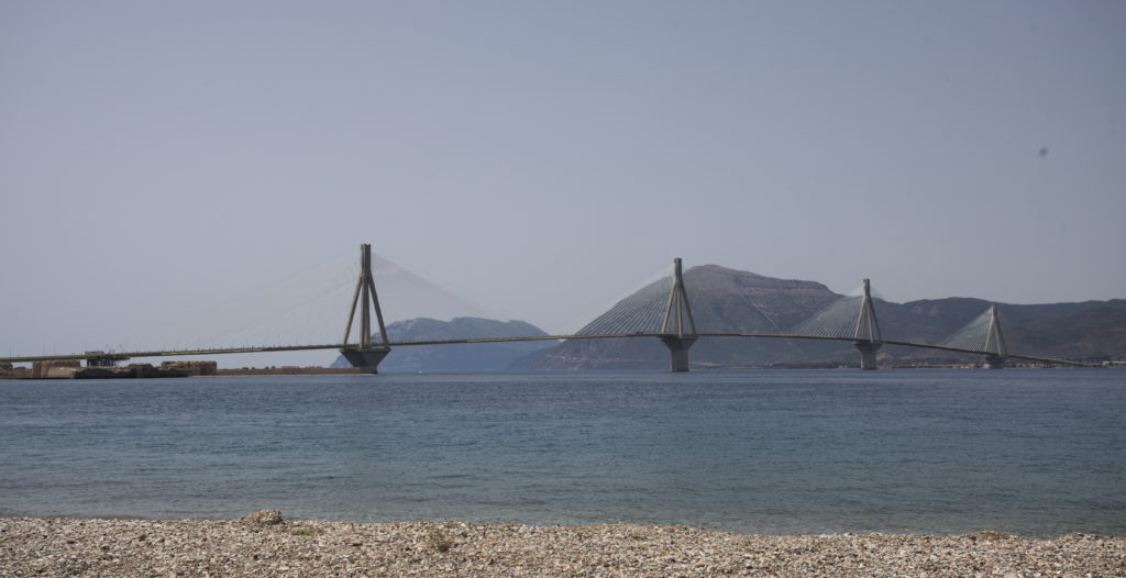 The Rio-Antirrio suspension bridge from Peloponnese to mainland Greece near Patras.